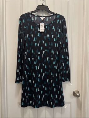 NWT Charter Club Sz Small Soft-Knit Sleepshirt Nightgown Blue Tree Print Holiday